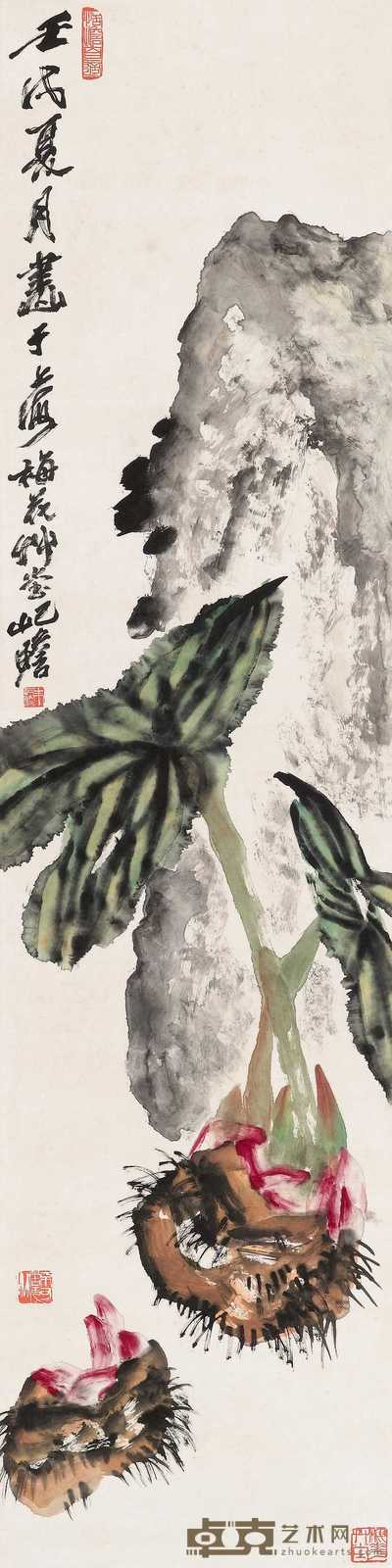 朱屺瞻 1982年作 水芋图 立轴 133×33.5cm